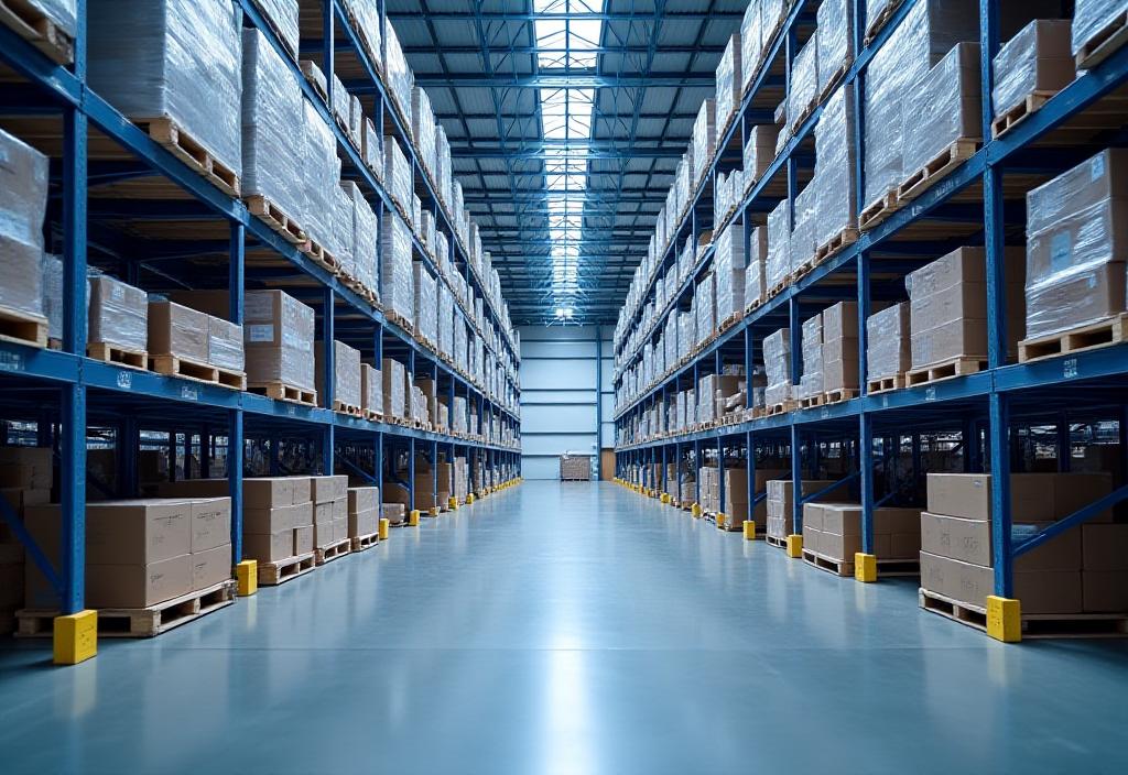 Modern logistics warehouse interior with high shelving