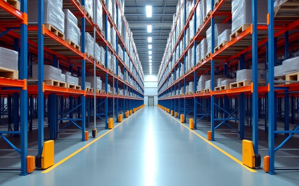 Interior view of high-bay warehouse shelving