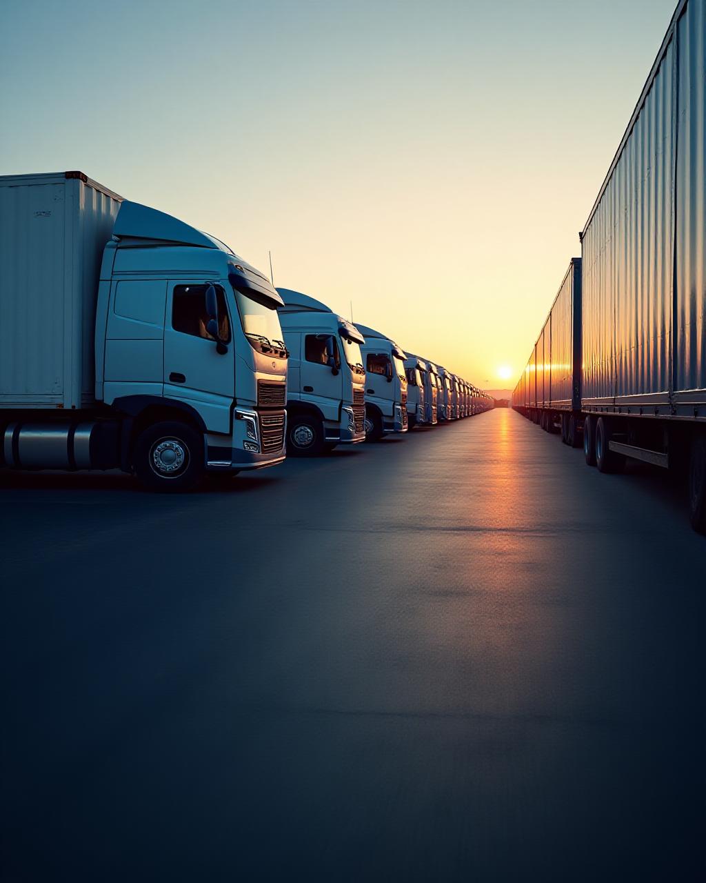 A line of professional logistics vehicles at a depot